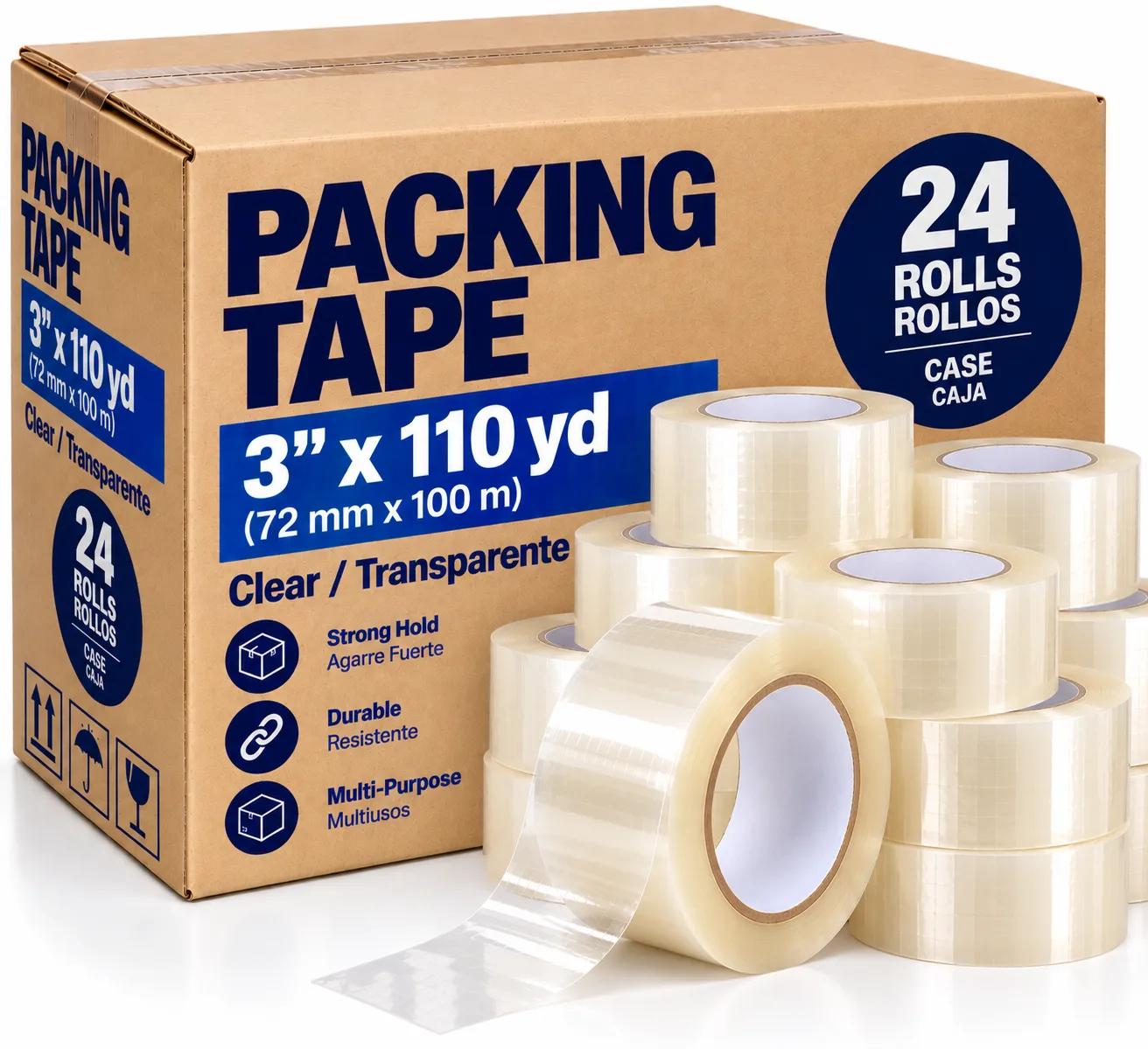 Cinta de embalaje 3"x110yd — Transparente (caja de 24)